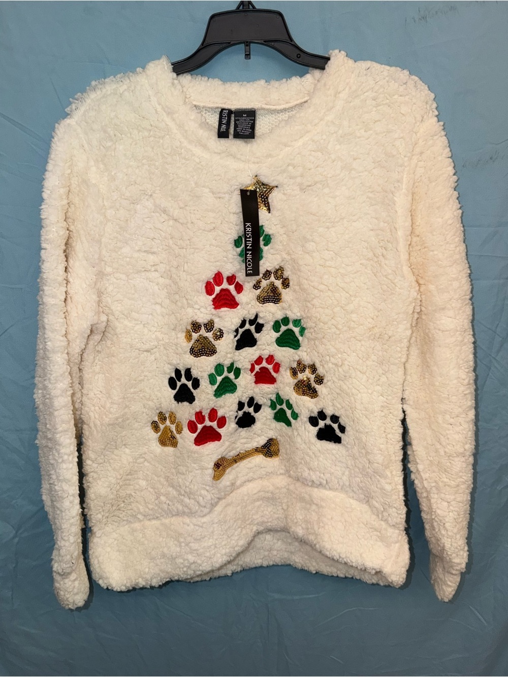 Kristin Nicole Cream Plush Crewneck Sweater with Festive Paw Tree
